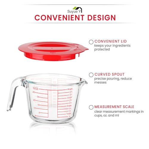 Measuring Cup 4 Cup/1000ML Glass liquid Measuring Cups with Lids | High Borosilicate Liquid Measuring Cups, Dishwasher Freezer and Microwave Safe,Sealable & Food Mixing Use