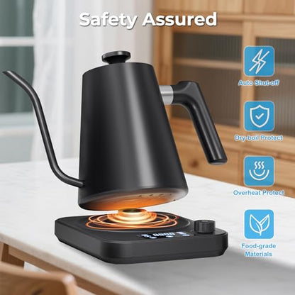 Gooseneck Electric Kettle, ±1°F Temperature Control Electric Kettle, 1.0L 1200W Fast Heating, 24H Keep Warm, 30Min Auto Memory, Food Grade Stainless Steel, Pour Over Kettle for Coffee and Tea