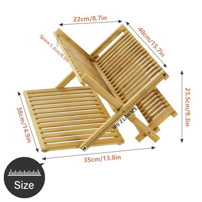 KKTONER Bamboo Dish Drying Rack with Utensil Holder 3 Tier Collapsible Drainer Rack with Dish Drying Mat for Kitchen Counter (Natural)