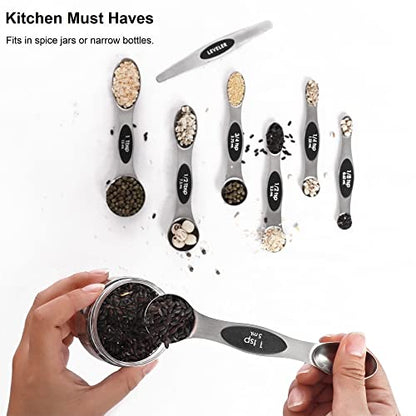 Magnetic Measuring Spoons Set Stainless Steel with Leveler, Stackable Metal Tablespoon Measure Spoon for Baking, Cups and Spoon Set Kitchen Gadgets Apartment Essentials Fits in Spice Jars - color: Silver