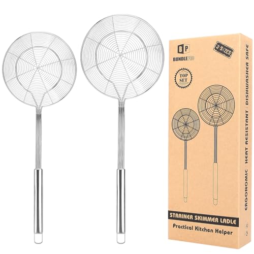 Large Stainless Steel Spider Strainer Long Handle, 2 Pack | Skimmer Basket, Ladle Strainers for Frying, Boiling Noodles, Dumplings, Pasta
