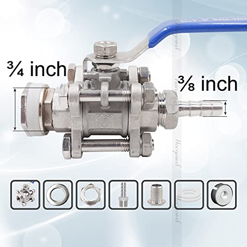 3/4" O.D. thread to 3/8 inch barb stainless steel home brewing bulkhead three-piece ball valve fitting kit, for gallon wine beer pot brew kettle spigot mash tun - size: 3/4" thread -3/8" barb, within a 3-piece valve