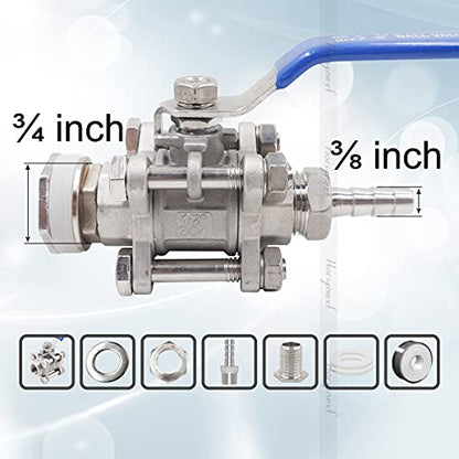 3/4" O.D. thread to 3/8 inch barb stainless steel home brewing bulkhead three-piece ball valve fitting kit, for gallon wine beer pot brew kettle spigot mash tun - size: 3/4" thread -3/8" barb, within a 3-piece valve