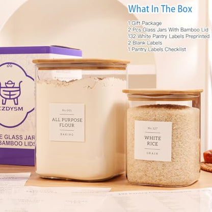2 Pack large Square Glass Flour and Sugar Containers with 132 Kitchen Pantry Labels - 110 floz & 51 floz - Glass Jars with Airtight Bamboo Lid - Glass Rice Canisters for Coffee, Pasta, Cookie, Cereal - size: 110oz/51oz