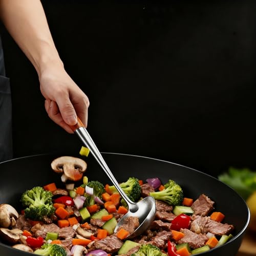 Soup Ladle, Ladle, 16.14 Inches Stainless Steel Ladle, Wooden Ladle Spoon for Cooking Serving, 4.5 Ounce