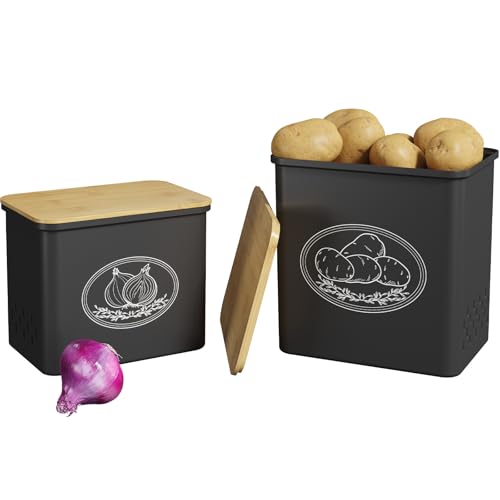 Lifewit Plastic Potato and Onion Storage Bin, Stackable Garlic Keeper with Aerating Holes and Lid, Vegetable Container Box for Pantry Countertop, Black, 24 x 18 x 24 cm/9.5 x 7 x 9.5 inch, Set of 2 - color: Black