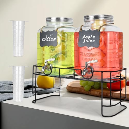 DD&HAPP Gallon Glass Drink Dispensers For Parties 2PACK.1.5Gallon Beverage Dispenser,Glass Drink Dispenser With Stand And Stainless Steel Spigot 100% Leakproof.Lemonade Dispenser With Ice Cylinder. - size: 1.5 Gallon Double With Stand