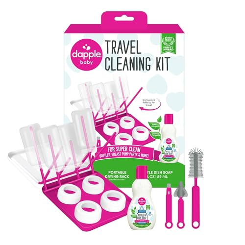 Dapple Baby Travel Cleaning Kit - 5 Piece- Baby Bottle & Dish Soap, Bottle Brushes, and Drying Rack - Newborn Essentials - size: Travel Kit (Pack of 1)