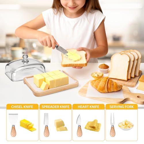 Butter Dish with Lid and 4 Cheese Knives Set, Bamboo and Glass | Glass butter dish with bamboo lid, 4 cheese knives included, 50 greaseproof paper sheets, Dishwasher safe, Easy to clean