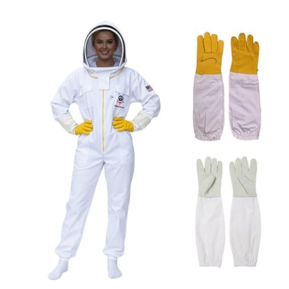 Cotton Beekeeping Suit, Full Body Beekeepers Protective Gear with Fencing Veil Hood, Elastic Cuffs & Breathable Fabric, With Two Pairs of Gloves (2XL) - style: 2xl