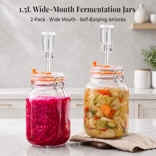 Fermentation Jar, 1.5L Glass Fermenting Kit with Airlocks, 2-Pack | Wide-Mouth Glass Jars With Self-Burping Airlocks for Sauerkraut, Kimchi, Pickles, Mead, Cider and Other Homemade Ferments