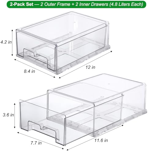 Taiuloo 2 Pack Stackable Refrigerator Organizer Bins with Pull-Out Drawer, Clear BPA-Free Food Storage Containers for Fridge Freezer, Kitchen Pantry Cabinet & Bathroom Vanity Organization