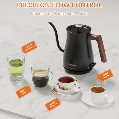 Anfilank Gooseneck Electric Kettle with Thermometer, 0.8L Small Electric Tea Kettle, 1200W Fast Heat, Precision Pour for Coffee & Tea, Auto Shut Off & Dry Boil Protection, Stainless Steel