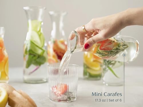Glass Carafe Pitchers, by Kook, Mini Carafes- set of 6, Beverage Dispensers, Clear Jugs For Mimosas, Water, Wine, Milk and Juice, with Plastic Lids, Dishwasher Safe 17.3 oz - color: Set of 6, 17 oz (Mini)