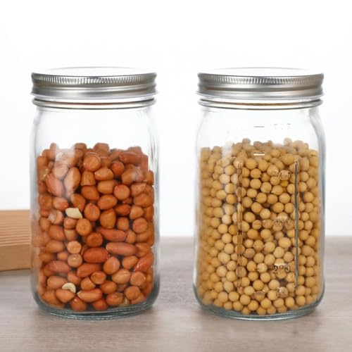 Wide Mouth Glass Mason Jars, 32oz, Pack of 4 | Airtight Lids, Measurement Marks, Food Storage Containers, For Overnight Oats, Canning, Fruit Jams & Meal Prep