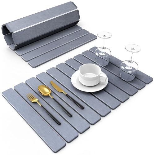 Large Stone Dish Drying Mat for Kitchen Counter, 24"(L)×16"(W), Collapsible Quick Dry Stone Dish Mats, Super Absorbent Diatomaceous Earth Drying Pad for Dishes Bottles Cups, Countertops (Black Grey) - color: Black Grey