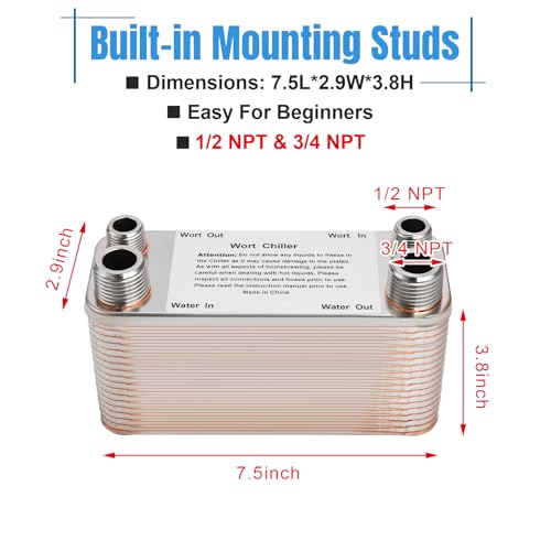 Wort Chiller, 40 Plate Stainless Steel Brazed Plate Heat Exchanger, 1/2 NPT & 3/4 NPT Thread Plate Wort Chiller for Homebrew, Beer Brewing Chiller Wort Cooler -7.5" x 3.8" - size: 40 Plate（1/2 NPT & 3/4 NPT）