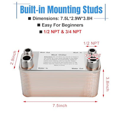 Wort Chiller, 40 Plate Stainless Steel Brazed Plate Heat Exchanger, 1/2 NPT & 3/4 NPT Thread Plate Wort Chiller for Homebrew, Beer Brewing Chiller Wort Cooler -7.5" x 3.8" - size: 40 Plate（1/2 NPT & 3/4 NPT）