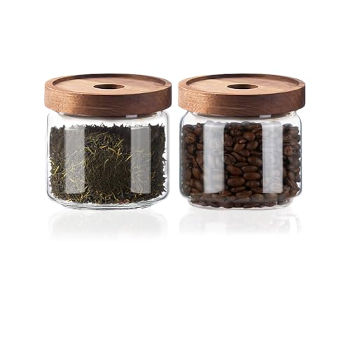 Glass Jars with Airtight Wood Lids - 11 oz Mini Kitchen Pantry Storage Containers, Stackable Decorative Canisters for Chia Seed, Sugar, Tea, Spice, Salt, Matcha, Nuts, Sauce, Cocoa powder, Set of 2 - color: 12 oz (Set of 2)