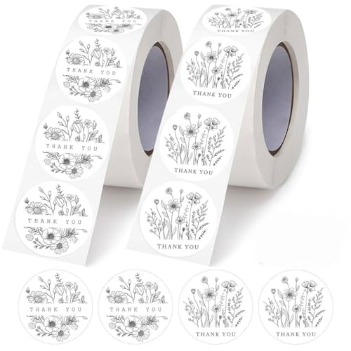 500 PCS Line Art Floral Thank You Roll Stickers, Waterproof Vinyl Minimalist Line Art Floral Decals for Gift Wrapping, Envelope Decor, Trendy Stickers for Teens, Adults, Boys and Girls (Linear flower) - color: Linear Flower