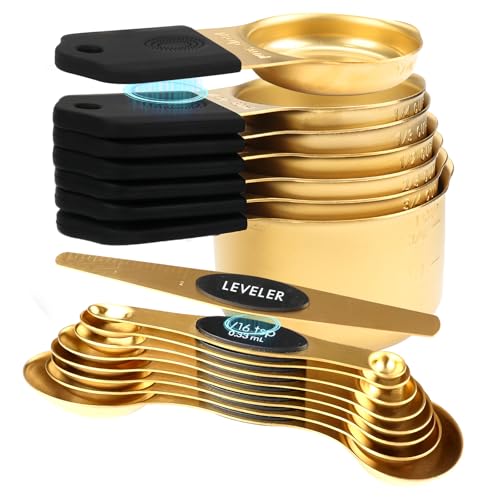 16-Piece Stainless Steel Measuring Cups and Spoons Set, Strong Magnetic Nesting Design 7 Cups 8 Spoons with Leveler, Double Measurement Markings for Dry & Liquid Ingredients, Gold - color: 16-Piece Gold