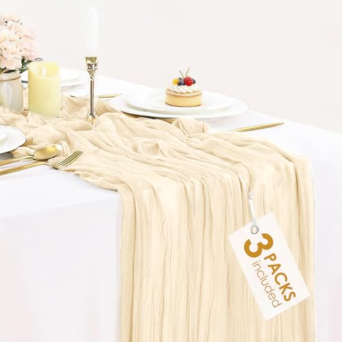 3 Pack Beige Cream Cheesecloth Table Runner 35x120 Inches, Summer Boho Cream Gauze Cheese Cloth Table Runner for Wedding Bridal Shower Baby Shower Decoration - color: Beige, size: 10ft x 3pcs