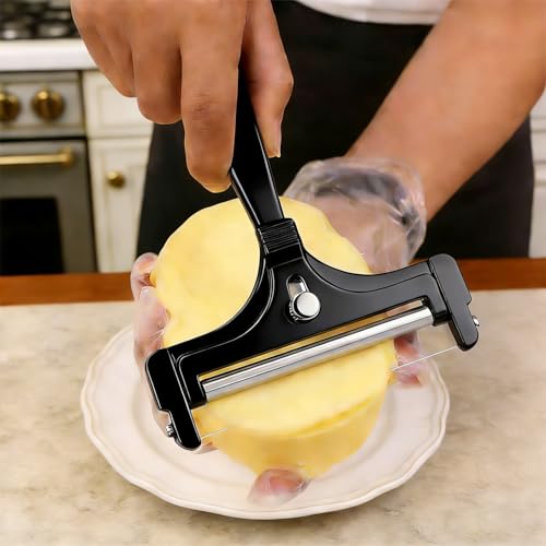 Cheese Slicer, AIDOIT Stainless Steel Wire Cheese Slicer, Adjustable Thickness Cheese Cutter with 8 Extra Wires for Soft, Semi-hard, Hard Cheeses, Black - color: Black