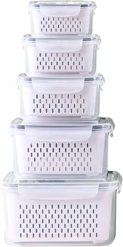 Large Fridge Food Storage Container Set with Lids with Strainer, Fruit Vegetable Storage Containers Keep Fruits, Vegetables, Berry, Meat Fresh longer, BPA-Free Plastic Produce Keepers