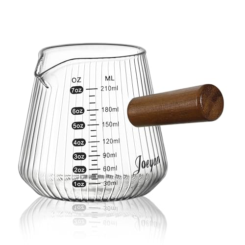 Joeyan Espresso Measuring Cup, 7oz Clear Espresso Shot Cups with Wood Handle, Ribbed Glass Measuring Cup with Spout and Double Scale, Milk Frothing Pitcher, Espresso Machine Coffee Bar Accessories - color: Clear espresso cup