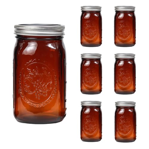Amber Glass Mason Jars, 32oz Wide Mouth Jars 6 Pcs, Air Tight, Leak Resistant, Large Canning Jars, Quart Mason Jars for Canning, Storing Food, Spices, Meal Prep and Overnight Oats