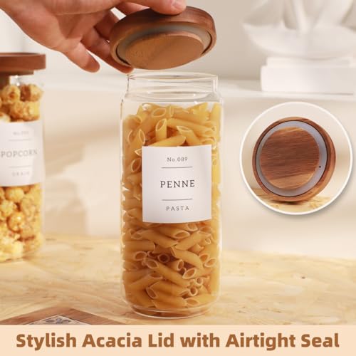 3 Pack Glass Canisters with Airtight Acacia Lids and 132 Kitchen Pantey Labels Preprint - 36 Fl OZ Borosilicate Glass Pantry Storage Jars Containers with Wooden Lids for Tea,Sugar,Cookie,Pasta,Candy - size: 36oz-3 Pack