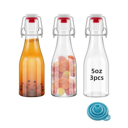 3Pcs 5oz Clear Beer Bottles Flip Top Round Glass Bottles with Leak Proof Easy Caps, 150ML Vinegar Kombucha Bottle for Wedding Themed Baby Shower Christmas Gifts (5oz - 3 Pack)