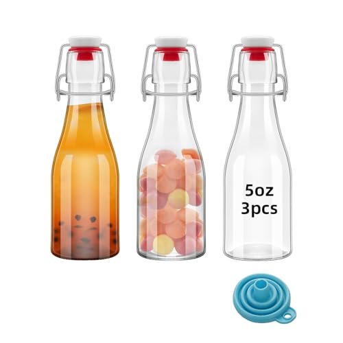 3Pcs 5oz Clear Beer Bottles Flip Top Round Glass Bottles with Leak Proof Easy Caps, 150ML Vinegar Kombucha Bottle for Wedding Themed Baby Shower Christmas Gifts (5oz - 3 Pack)