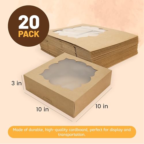 NPLUX 20 Pack Pie Boxes 10x10x3inch Bakery Boxes with Window Dessert Pastry Boxes Pie Boxes 10 inch for Pies Cheesecake and Chocolate Covered Strawberries, Graduation Gifts Party Favors(Brown) - color: Brown