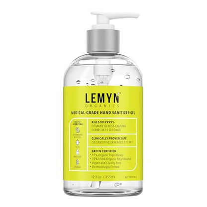 Lemyn Organics Medical‑Grade Hand Sanitizer Gel – 97 % Organic | 70 % USP Ethyl Alcohol | Moisturizing Aloe + Hyaluronic Acid | Freshly Made in USA | 12oz Bottle with Pump - size: 12 Fl Oz (Pack of 1)