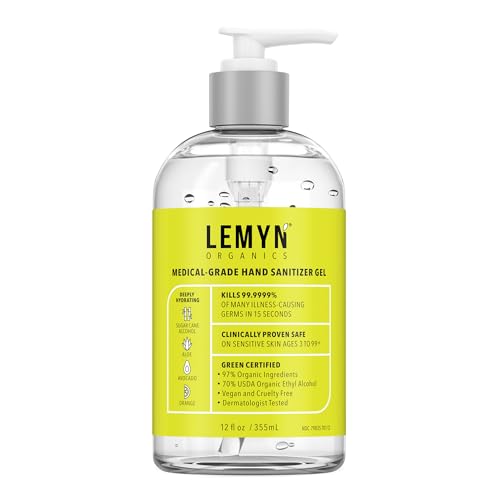 Lemyn Organics Medical‑Grade Hand Sanitizer Gel – 97 % Organic | 70 % USP Ethyl Alcohol | Moisturizing Aloe + Hyaluronic Acid | Freshly Made in USA | 12oz Bottle with Pump - size: 12 Fl Oz (Pack of 1)