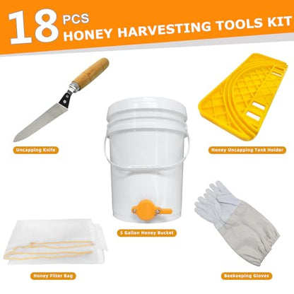 Honey Harvesting Beekeeping Starter Tool Kit, Set of 13,5 Gallon Plastic Honey Bucket Set for Beekeeping Supplies