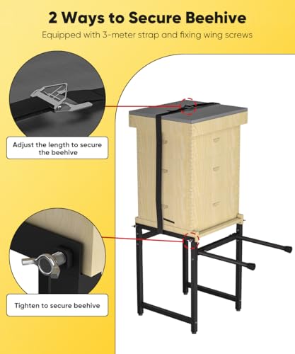 Mondazie Adjustable Metal Bee Hive Stand with Detachable Beehive Frame Holder for 8 & 10 Frame, 12 to 19 Inches Width Flow Hives Stand with 120-Inches Strap, Flowhive Stands Base for Beekeeping, Black - color: Black - With Frame Holder