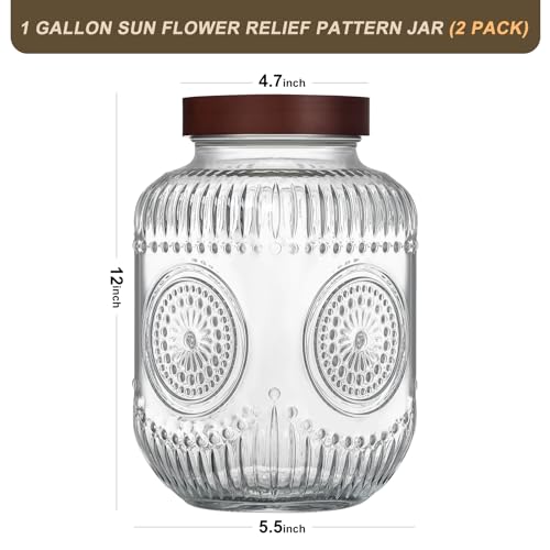 2 Pack 1 Gallon Glass Jar with Lid Wide Mouth,Plastic Free Large Mason Jar with Airtight Screw Lid, Glass storage containers for Cookie, Candy, Kombucha,Sun Tea and fermention (Sun Flower Design)