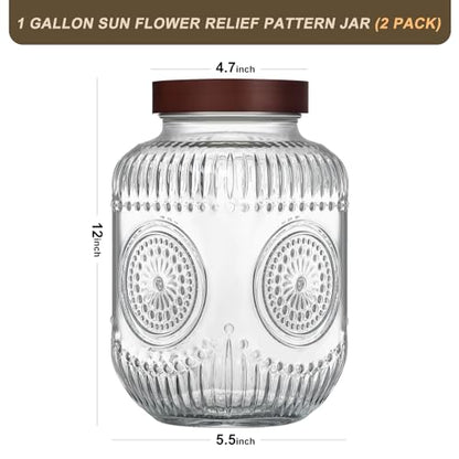 2 Pack 1 Gallon Glass Jar with Lid Wide Mouth,Plastic Free Large Mason Jar with Airtight Screw Lid, Glass storage containers for Cookie, Candy, Kombucha,Sun Tea and fermention (Sun Flower Design)