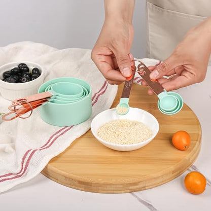 8-Piece Stackable Rose Gold Stainless Steel Handled Measuring Cups and Spoons for Measuring Dry and Liquid Ingredients (Pink) - color: Pink