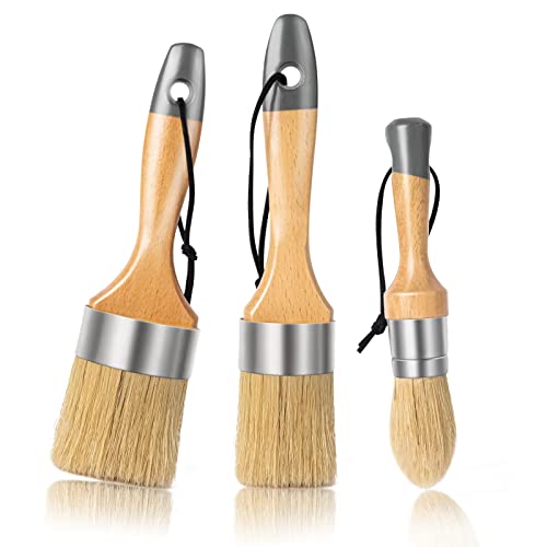 Mister Rui Chalk Wax Paint Brush 3 pcs, Large Wax Brush, Brushes for Furniture, Acrylic Paint, Milk Paint, Natural Bristles, 1 Small Round Brush and 2 Large Oval Brushes - size: 3PCS, 1 Large, 1 Medium, 1 Small