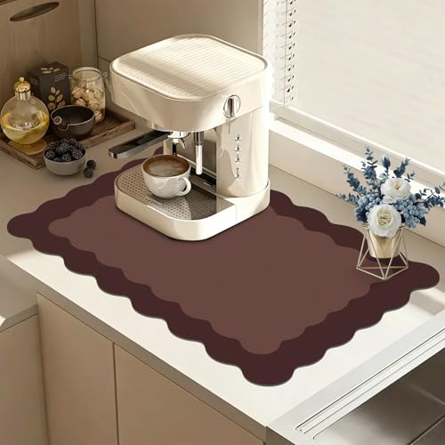Scalloped Coffee Bar Mat for Countertop, Cute Dish Drying Mats for Kitchen Counter, Diatomite Absorbent Mat for Coffee Station, Kitchen Aesthetic Decor (16"x24", Brown) - color: Brown, size: 24" x 16"