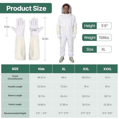 Bee Suit, Full Body Beekeeping Suit with Veil Hood (5'7''-5'9'') | Professional Beekeeping Outfit, Includes Gloves, for Beekeepers and Beginners - size: M for 5'7''-5'9''
