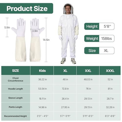 Bee Suit, Full Body Beekeeping Suit with Veil Hood (5'7''-5'9'') | Professional Beekeeping Outfit, Includes Gloves, for Beekeepers and Beginners - size: M for 5'7''-5'9''
