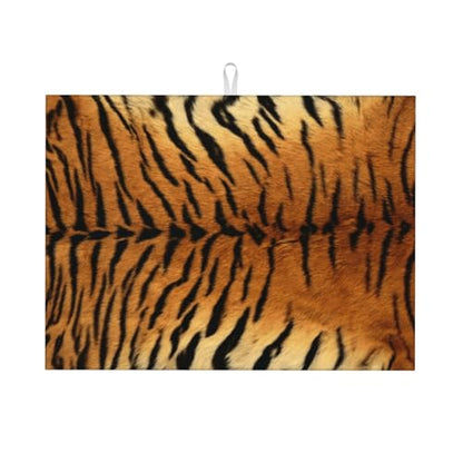 Tiger Print Dish Drying Mat Wildlife Tiger Skin Animals Brown Black Drying Rack Pad Countertop Dishes Ultra Absorbent Microfiber Kitchen Counter Mat 18x24 Inch - color: Brown Black