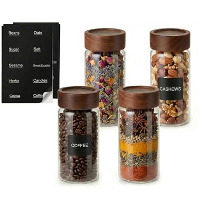 4 Pack 13 oz Glass Spice Jars with Airtight Wood Lids - 15cm Tall Small Storage Food Containers with Labels for Pantry Organization, Herb, Seasoning, Sugar, Coffee Bean, Tea