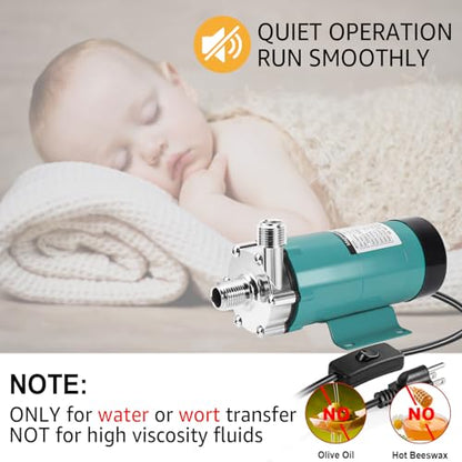 MRbrew Wort Pump With Switch Stainless Steel Magnetic Beer Pump Brewing for Wort Transfer, 1/2”NPT Thread Head 110V Quiet Operation Excellent High Temperature Resistance System for Homebrew (Green) - size: Green Pump(Switch)