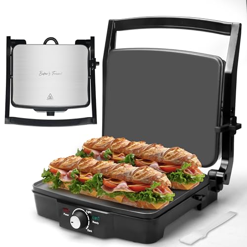 Baker's Friend Panini Press Electric Griddle, Panini Grill Press Sandwich Maker Press, Grilled Cheese Maker, Sandwichera Electrical, Browning Control, Non Stick Surfaces, 4-Slices, Stainless Steel - style: Flat Panini Press