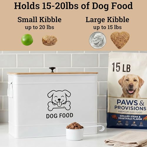 Dog Food Container Airtight 15 lb (50 Cup) Capacity with Metal Scoop - Cute Airtight Dog Food Storage Container with Bamboo Lid - White Metal Kibble Storage Bin for Dogs up to 100 lbs - Big Pet Jar - color: White